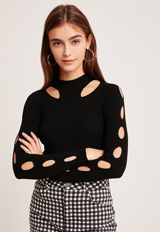 RIBBED CUT OUT JUMPER - BLACK