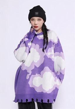 Cloud print sweater ripped knitwear jumper rave top purple