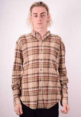 MENS VINTAGE FLANNEL SHIRT LARGE BROWN CHECK 90S
