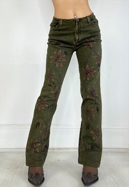 Vintage 90s Jeans Bootcut Beaded Embellished Khaki Y2k 00s
