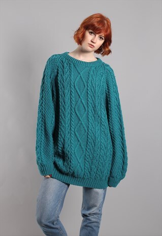 VINTAGE 80S TURQUOISE CHUNKY CABLE KNIT OVERSIZE JUMPER