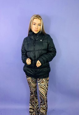 Vintage 90s Adidas Embroidered Black Puffer Coat
