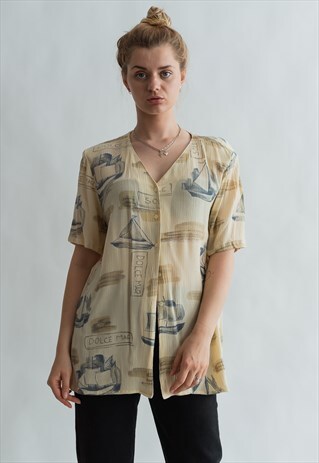 VINTAGE 80S FESTIVAL BLOUSE WITH V-NECK COLLAR