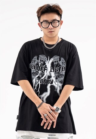 ANGEL PRINT T-SHIRT THUNDER TEE GRUNGE GOTHIC TOP IN BLACK