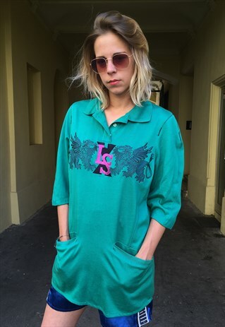 VINTAGE 90' COOL OLDSCHOOL TURQOISE VISCOSE UNISEX POLOSHIRT