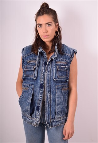 WOMENS VINTAGE DENIM SHERPA GILET LARGE BLUE 90S