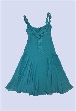 Y2K Green Knee Length Strappy Frayed Occasional Smart Dress