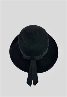 70's Vintage Black Wool Ladies Fedora Ribbon Band Hat