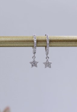 Sterling Silver Star Diamonte Huggie Hoop Earrings