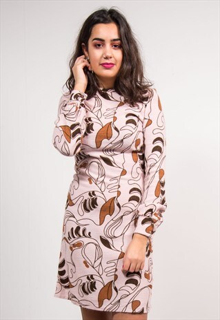 VINTAGE 70'S PINK PATTERNED LONG SLEEVE MINI DRESS