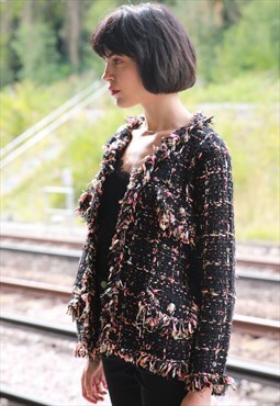 Black pink color tweed effect knitted COCO cardigan Jacket