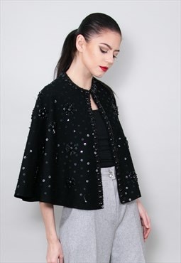 70's Black Cape Wool Embellished Ladies Vintage Jacket