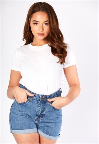 MID BLUE HIGH WAISTED MOM DENIM SHORTS
