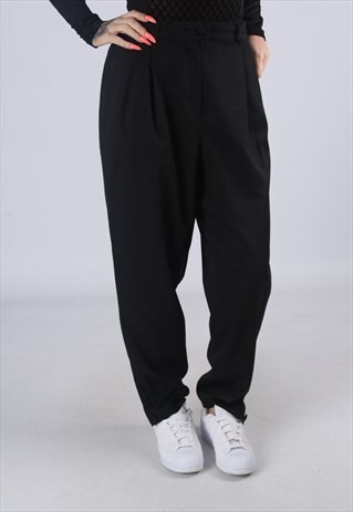 HIGH WAISTED TROUSERS PLAIN WIDE TAPERED LEG UK 16 (EA3D)