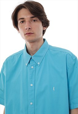 Vintage YVES SAINT LAURENT Shirt Short Sleeve Blue YSL