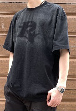 BLACK WASHED GRAPHIC COTTON OVERSIZED T SHIRT TEE