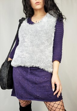 Vintage 90s grey furry fluffy knit sleeveless sweater top