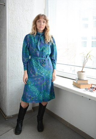 Vintage 70's Blue Patterned Puff Sleeved Belted Mod Dress