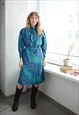 Vintage 70's Blue Patterned Puff Sleeved Belted Mod Dress