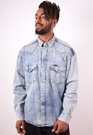 LEE MENS VINTAGE DENIM SHIRT LARGE BLUE 90S