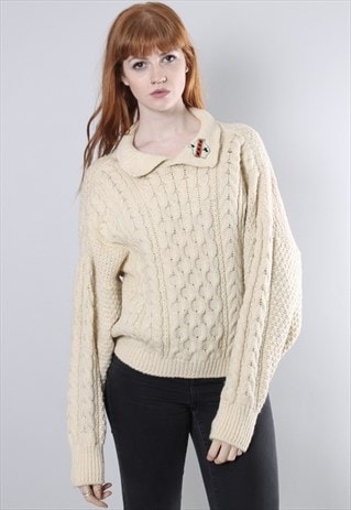 VINTAGE 80S CHUNKY CABLE KNIT EMBROIDERED COLLARJUMPER