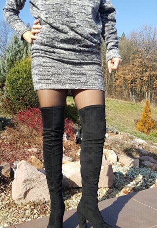 WINTER BOOTS/OVERKNEE/STRETCH/ BLACK SHOES/HEELS/F1066