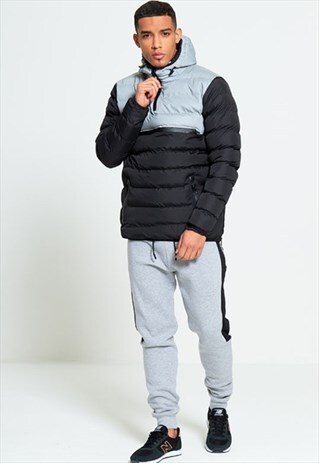 MENS BLACK PULL OVER BUBBLE COAT WITH GREY REFLECTIVE PANEL