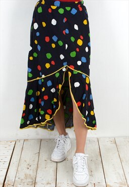 Women S Asymmetrical Skirt Slit Colorful Polka Dot Black 