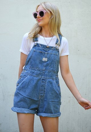 VINTAGE 90S DENIM BLUE ROLLED HEM SHORT DUNGAREES