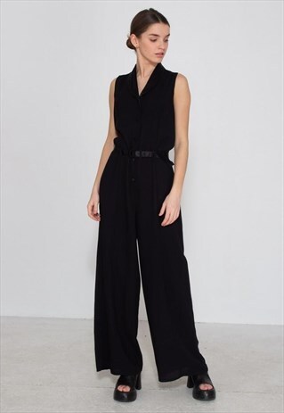 VINTAGE BLACK FELICITY WIDE-LEG SLEEVELESS PLAYSUIT JUMPSUIT