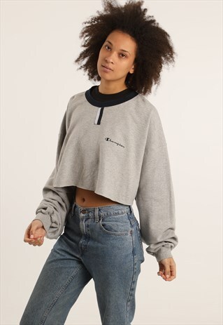 VINTAGE CHAMPION EMBROIDERED SPELLOUT CROPPED SWEATSHIRT