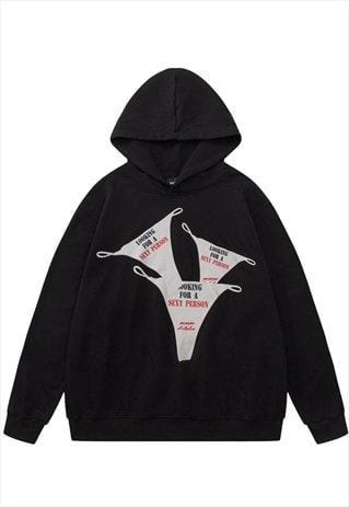 GRUNGE HOODIE SLOGAN PULLOVER RETRO POSTER TOP IN BLACK