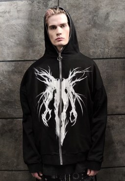 Graffiti hoodie Gothic raver pullover y2k zipper top black