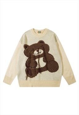 Teddy sweater patchwork fluffy knitwear jumper bear top 