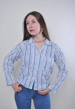 Vintage 90s flower blouse, blue striped casual blouse