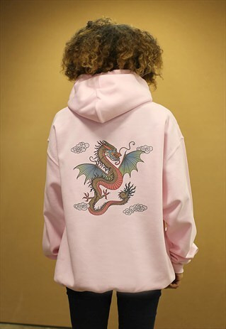 OVERSIZED PINK HOODIE WITH BOLD CHINESE DRAGON DESIGN PRINT