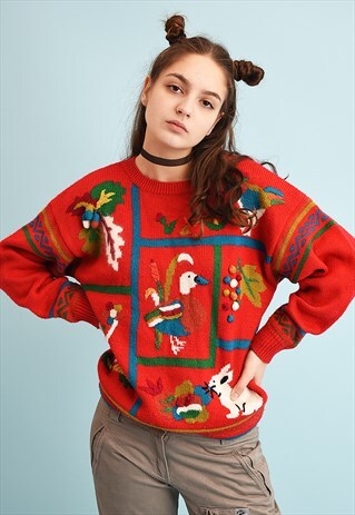 80'S RETRO EMBROIDERED ANIMAL & FLORAL PATTERN MOMS JUMPER