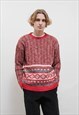 VINTAGE 80S NORDIC RED CABLE KNIT BOXY KNIT JUMPER MEN M