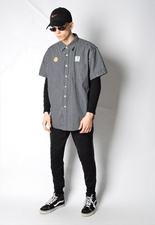 BLACK AND WHITE CHECK PATCH SHIRT SLEEVE SHIRT