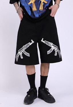 Machine gun shorts gun patch crop wide overalls in black
