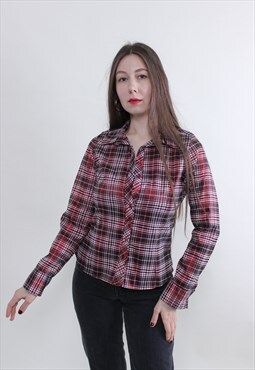 Vintage y2k plaid button up, red check shirt MEDIUM size