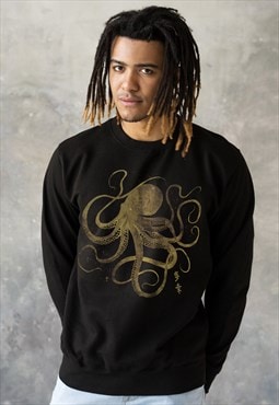 Octopus Print Sweatshirt Japanese Art Calligraphy Men Black