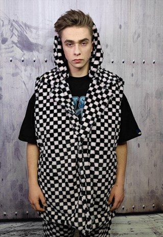 CHECK FLEECE GILET HANDMADE SLEEVELESS HOOD VEST SKA JACKET