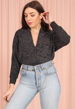 VINTAGE 80S BATWING JUMPER IN BLACK METALLIC KNIT