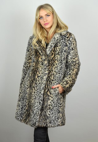VINTAGE 90S LONG LEOPARD PRINT FAUX FUR COAT