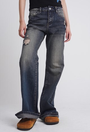 Flared jeans ripped denim pants bleached trousers in blue