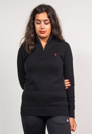 90'S VTG BLACK QUARTER ZIP RALPH LAUREN KNIT PULLOVER JUMPER