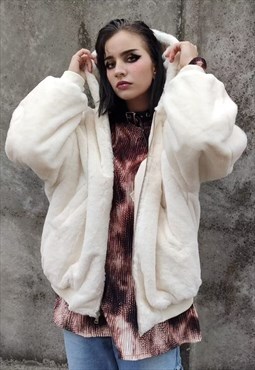 Reversible fleece MA-1 jacket fur hood bomber in cream