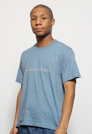 VINTAGE CHAMPION LOGO BIG SPELL OUT T-SHIRT BLUE