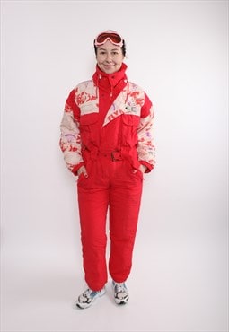 90s one piece ski suit, vintage red snowsuit, retro abstract